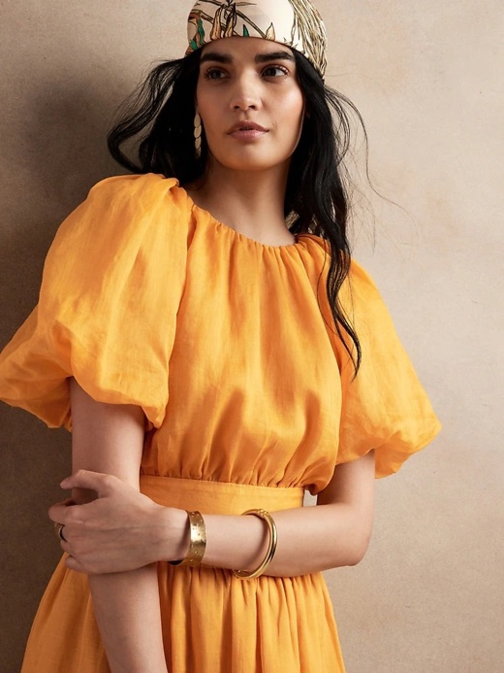 Banana Republic Puff-Sleeve Ramie Cotton Open Back Top in Mustard